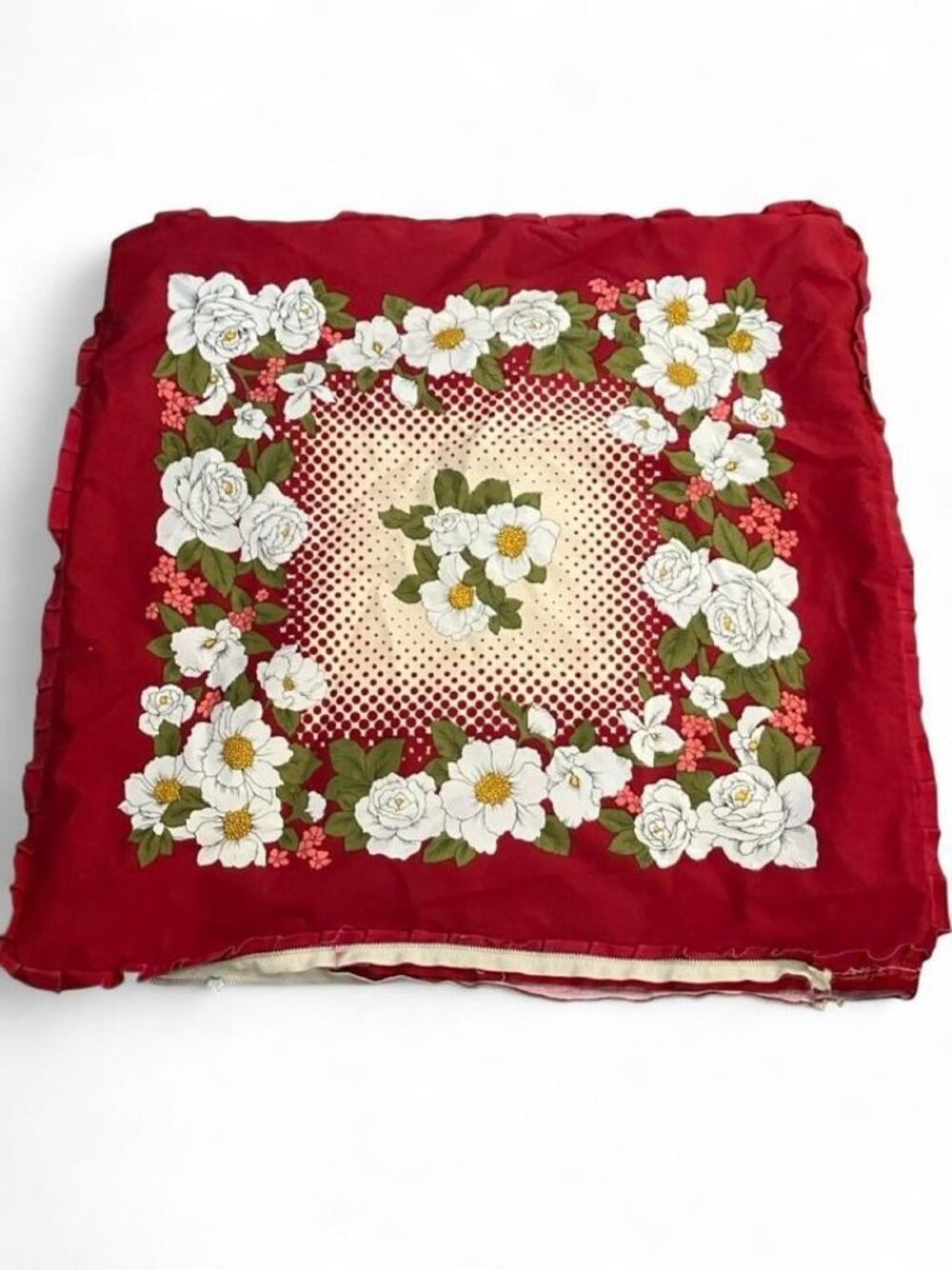 Vintage Red Floral Zippered Pillowcase 21” x 19” White Flower Cottagecore